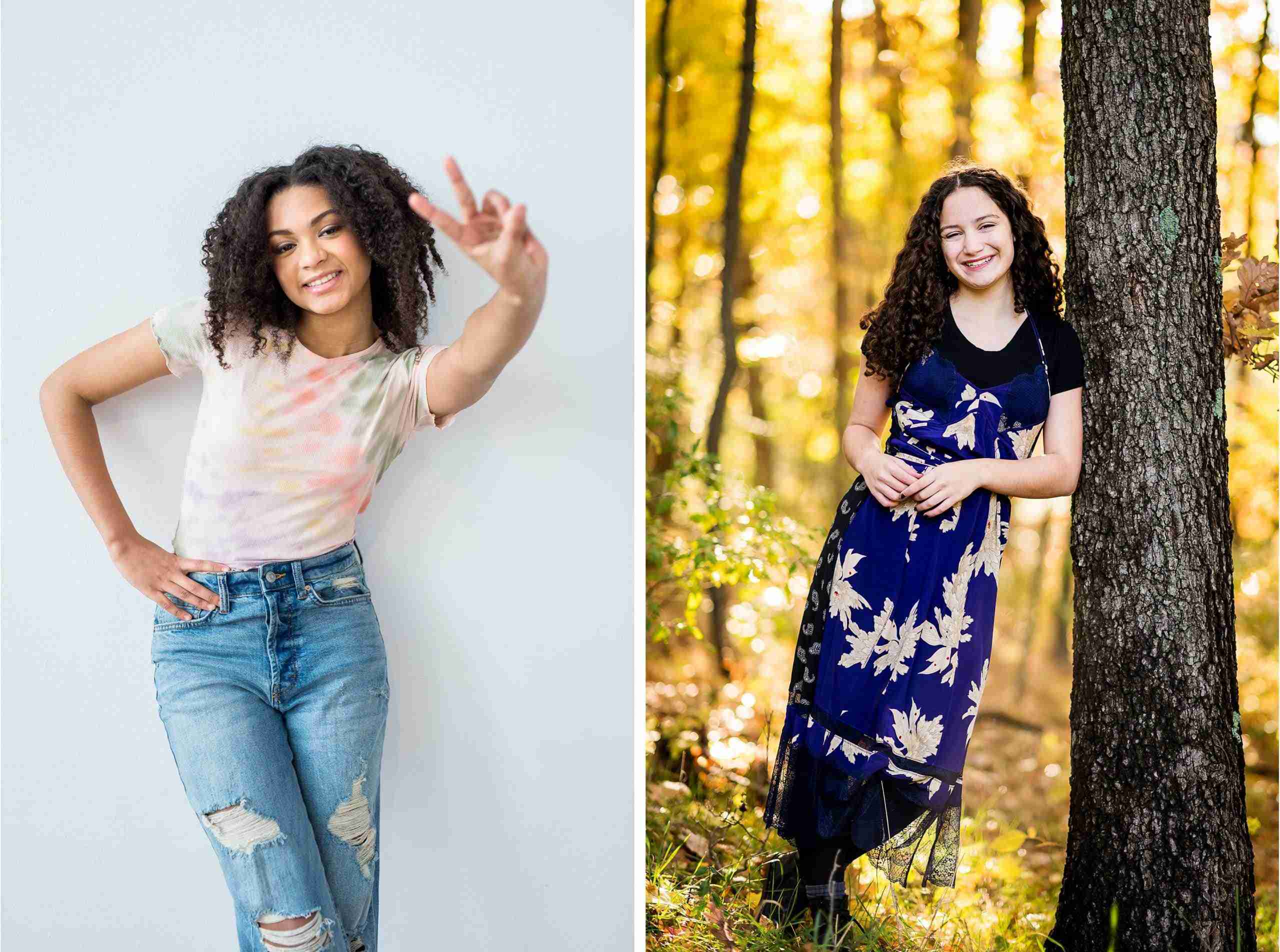 Two images of high school senior girls both looking at the camera