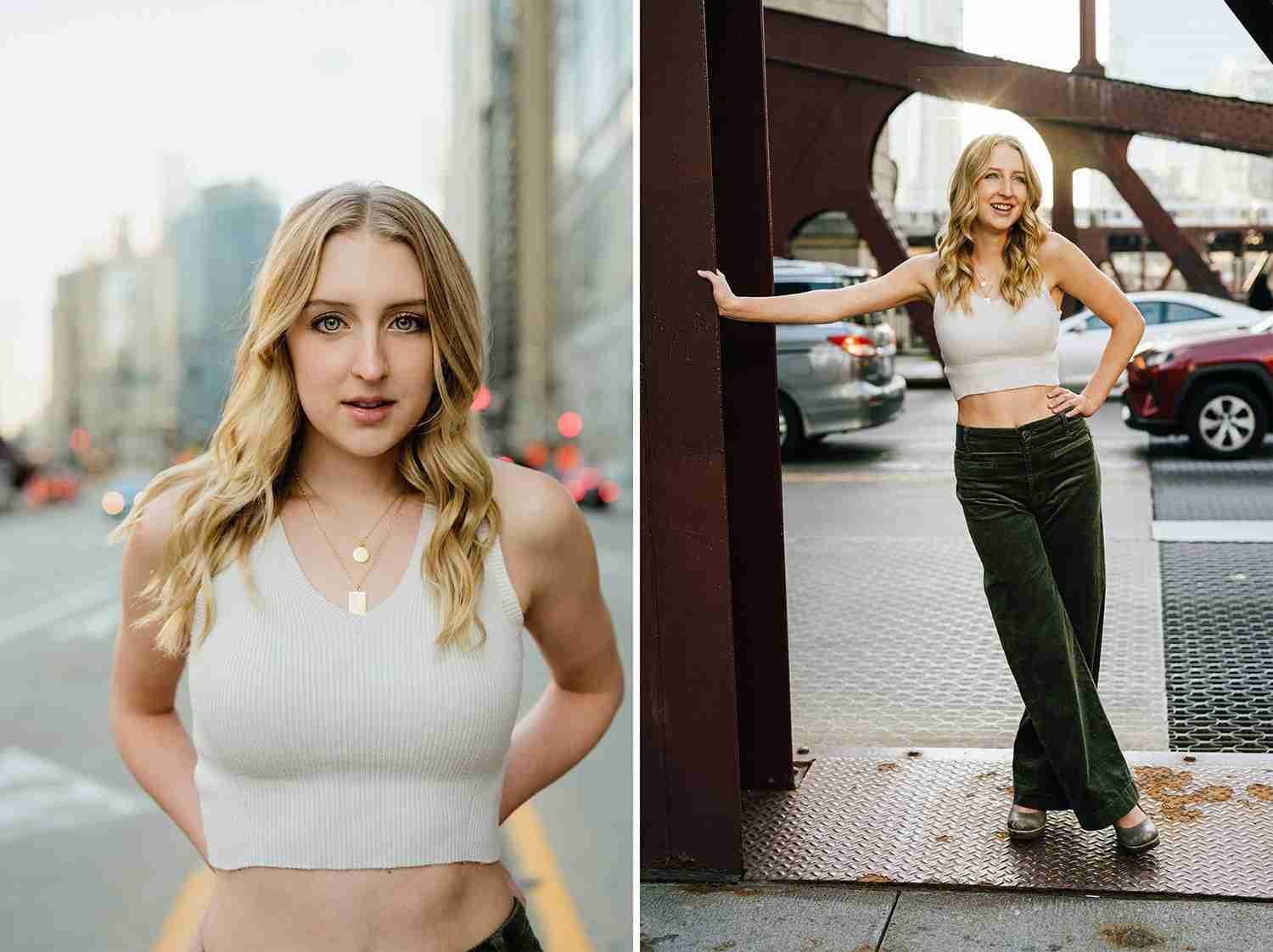 girl white tank top arms behind her. girl leaning on bridge legs crossed.