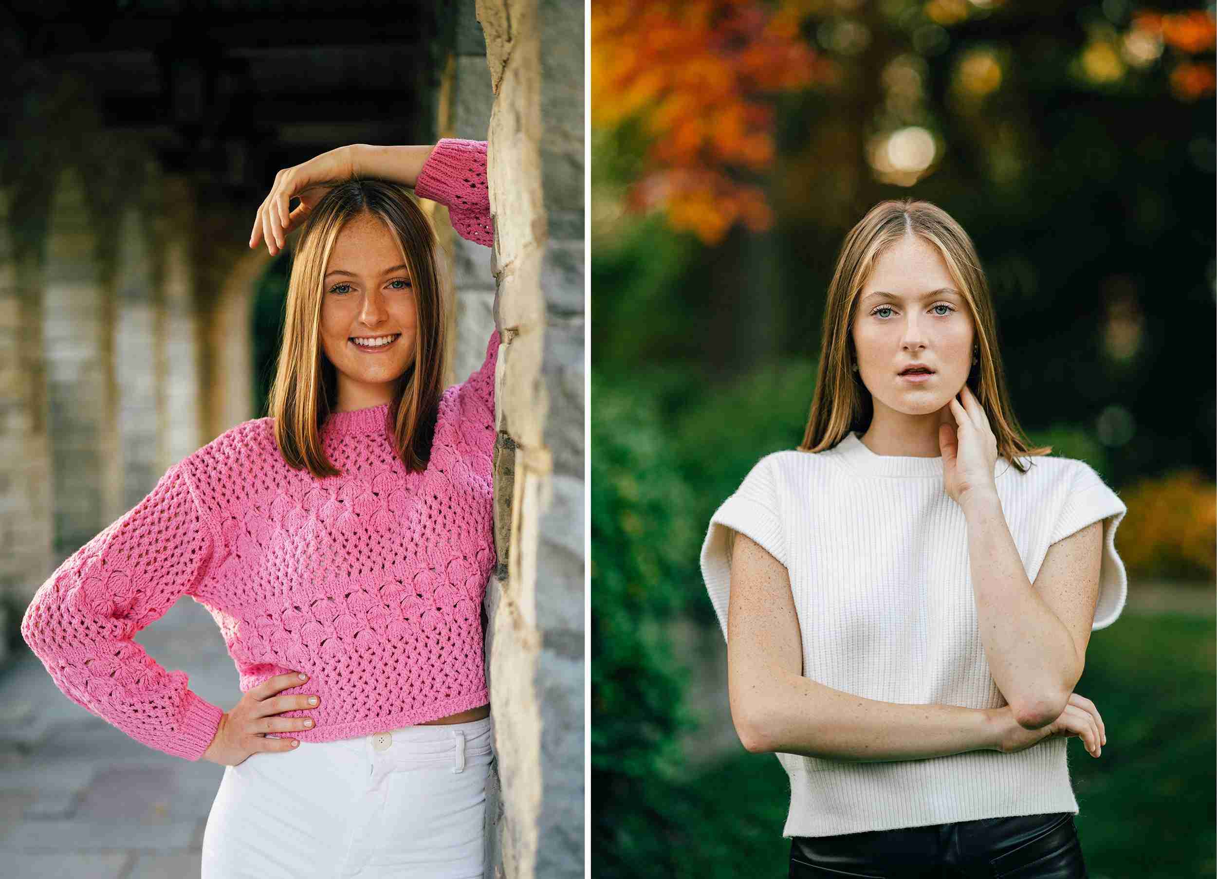 girl pink sweater arm on head. girl white shirt hand on chin