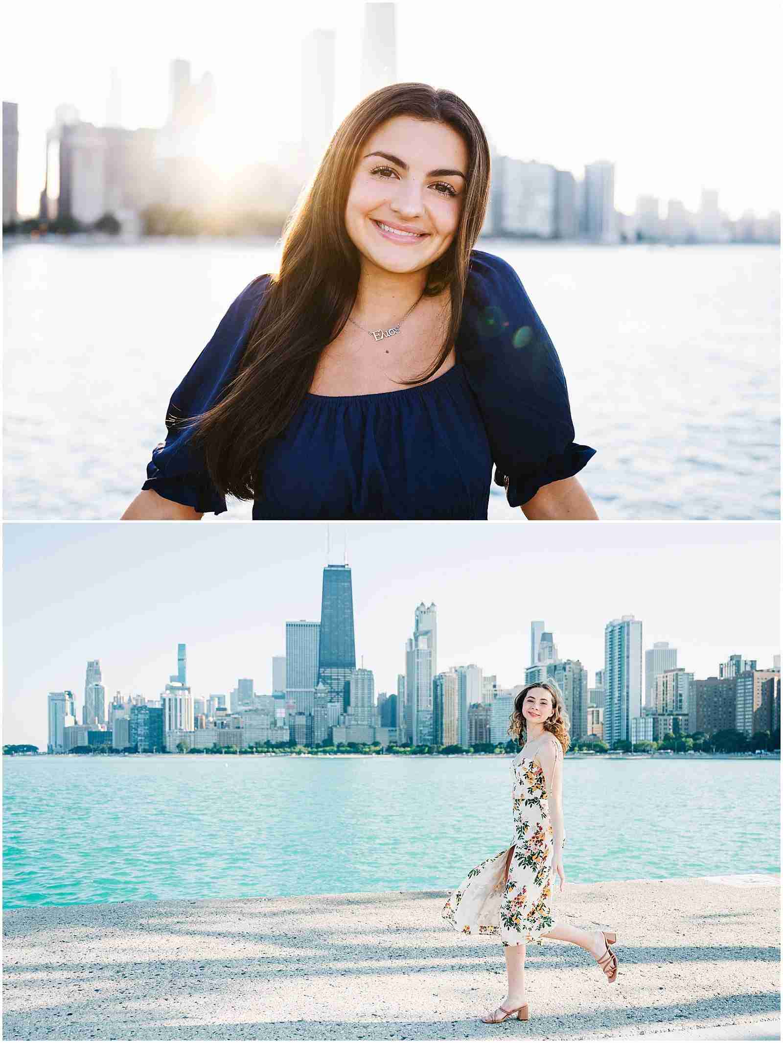 Booking Senior Photos - When to Book Your Senior Photography Session - girl in blue shirt on Chicago lakefront & girl in floral dress walking at North Avenue Beach - award-winning Chicago senior photographer Shalimar B. Photography.