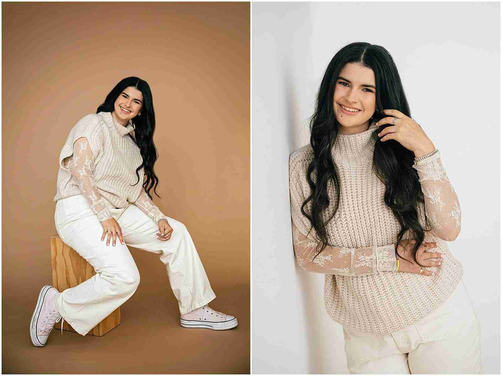 Booking Senior Photos - When to Book Your Senior Photography Session - senior girl with brown hair in white sweater & white jeans on brown backdrop - award-winning Chicago senior photographer Shalimar B. Photography.