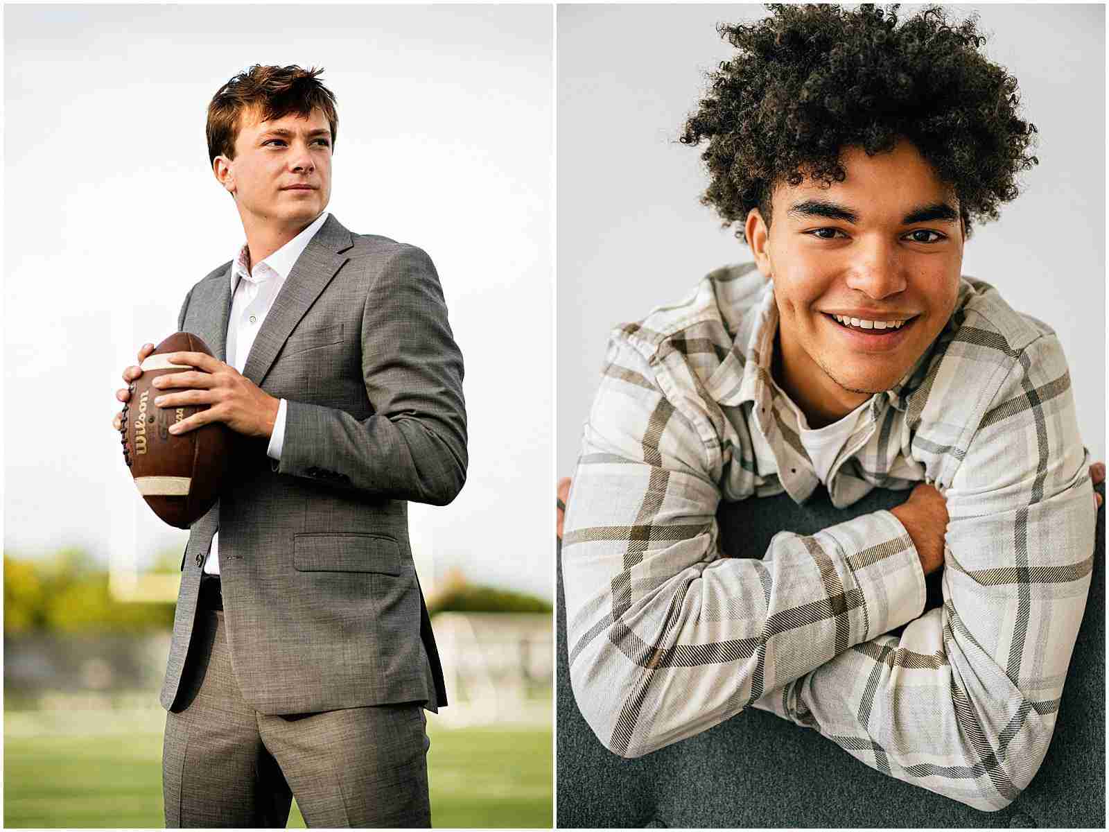 When to Book Your Senior Photography Session - boy in suit holding football and boy wearing plaid on chair in studio - award-winning Chicago senior photographer Shalimar B. Photography.