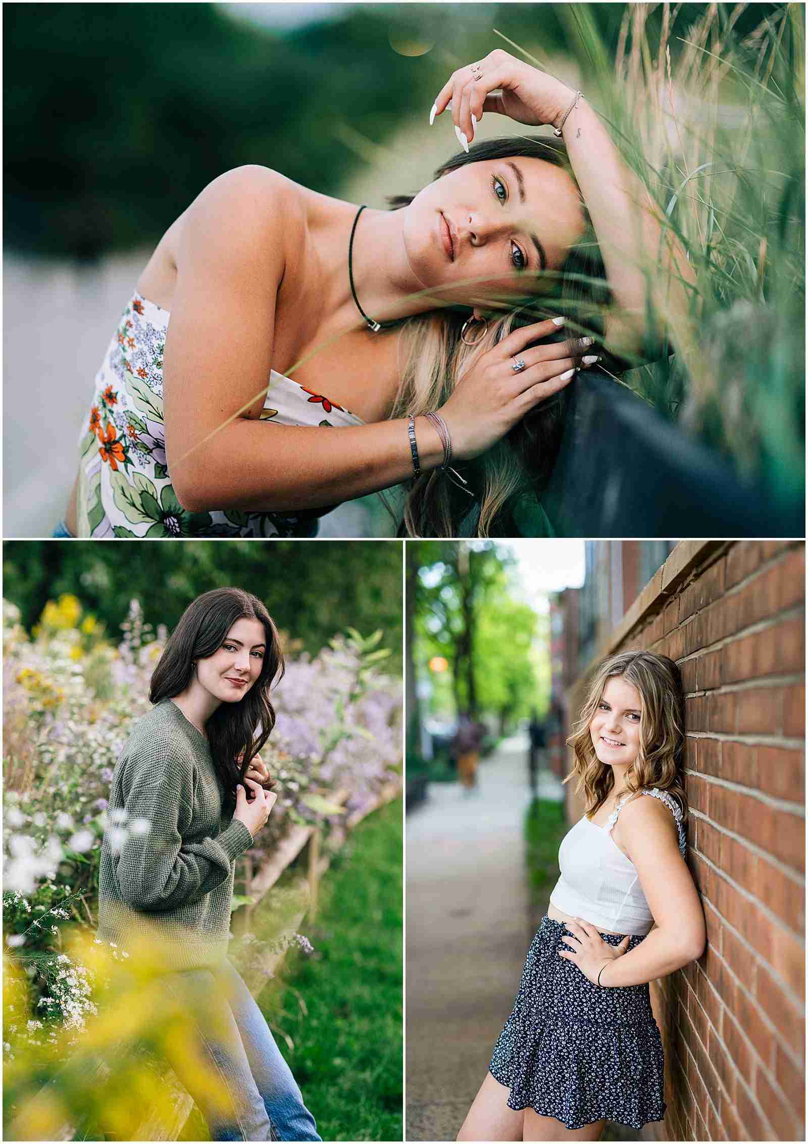 Four Reasons to Book a Senior Session - 3 photos of girls with flowers in spring senior photos - award-winning Chicago senior photographer Shalimar B. Photography.