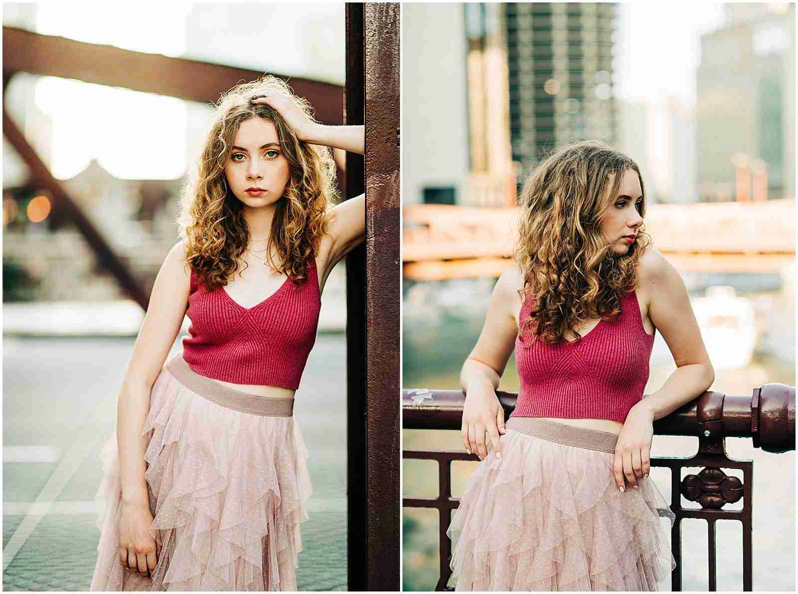 Four Reasons to Book a Senior Session - girl wearing red top and pink skirt on Chicago bridge - award-winning Chicago senior photographer Shalimar B. Photography.