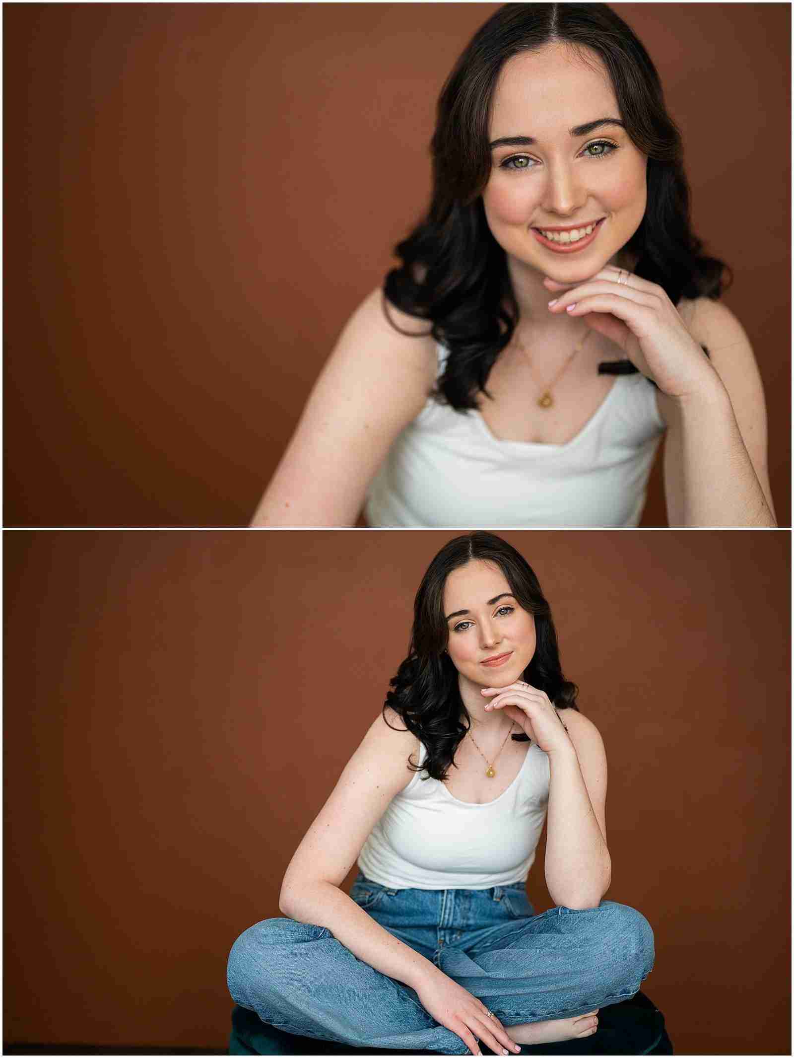 What you can expect at every senior session with SBP - senior girl wearing white tank top and jeans on brown backdrop at studio - award-winning Chicago senior photographer Shalimar B. Photography.