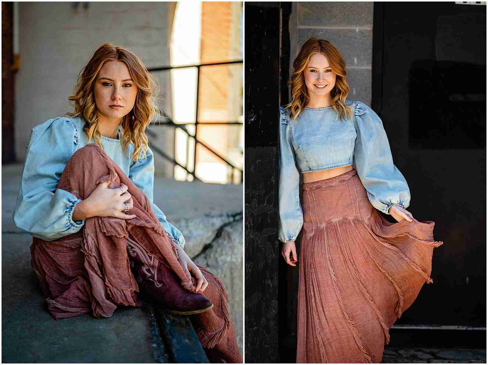 What you can expect at every senior session with SBP - senior girl wearing rust colored skirt and denim puff sleeve top in grunge location - award-winning Chicago senior photographer Shalimar B. Photography.