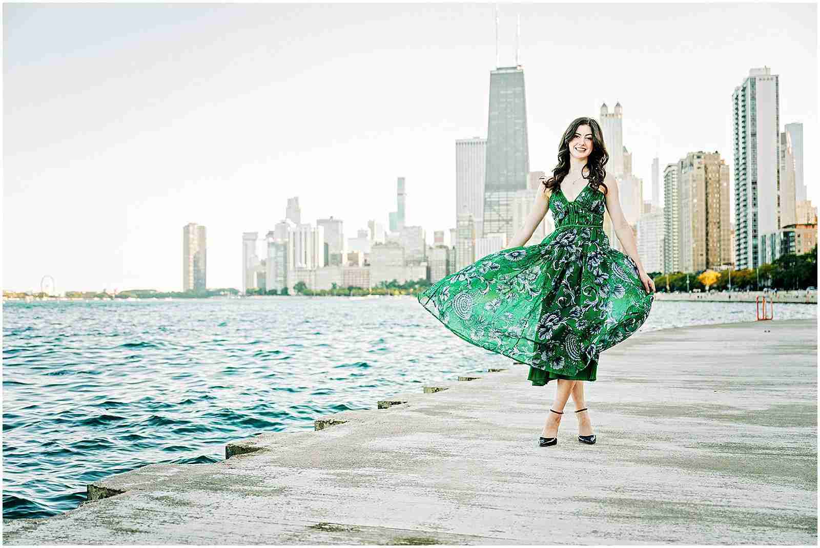 Preparing for your senior photos – 3 ways I help you prepare for your senior photos (senior girl wearing green dress walking on North Avenue Beach) with award-winning Chicago senior photographer Shalimar B. Photography.