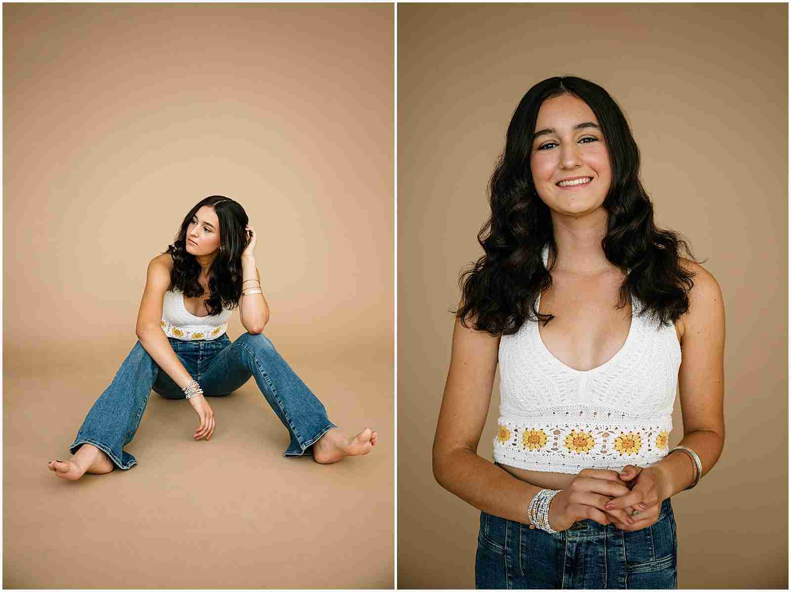 What to Ask Your Senior Photographer Before Booking with award-winning Chicago senior photographer Shalimar B. Photography. Photo of senior girl on brown backdrop wearing white crochet top and flare jeans.