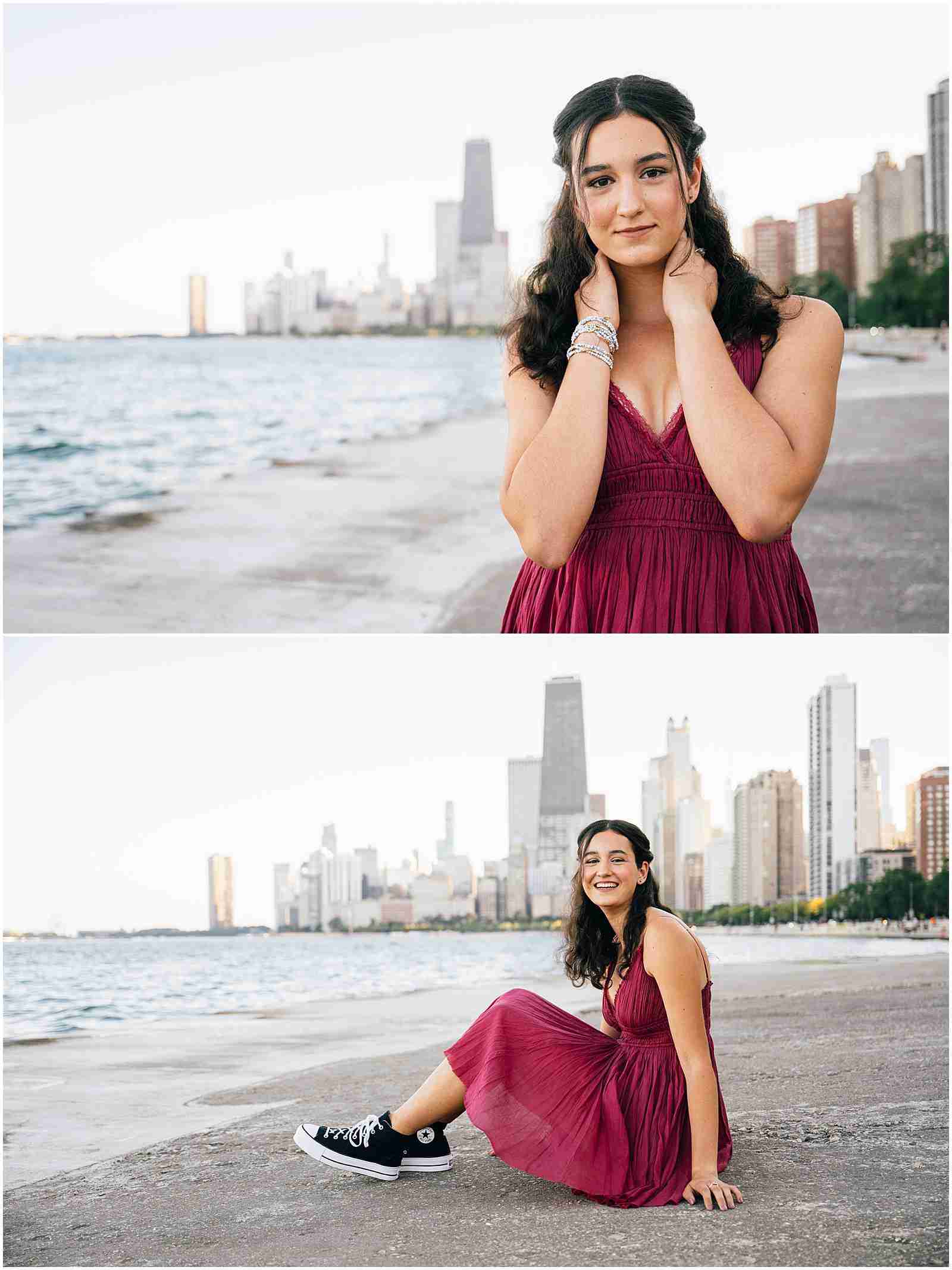 What to Ask Your Senior Photographer Before Booking with award-winning Chicago senior photographer Shalimar B. Photography. North Avenue Beach senior photo inspiration with senior girl wearing red dress and black converse sneakers.