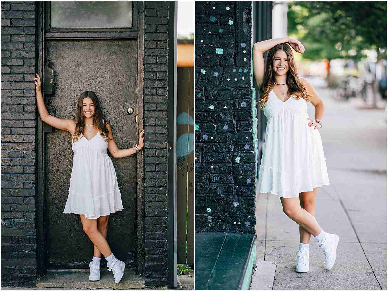 How to Book Your Senior Photos with Shalimar B. Photography with award-winning Chicago senior photographer Shalimar B. Photography. Downtown Chicago senior photos of senior girl wearing white dress and white sneakers.